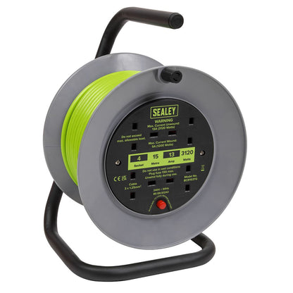Sealey BCR153TG Cable Reel with Thermal Trip 4 x 230V 15m - Green Sealey