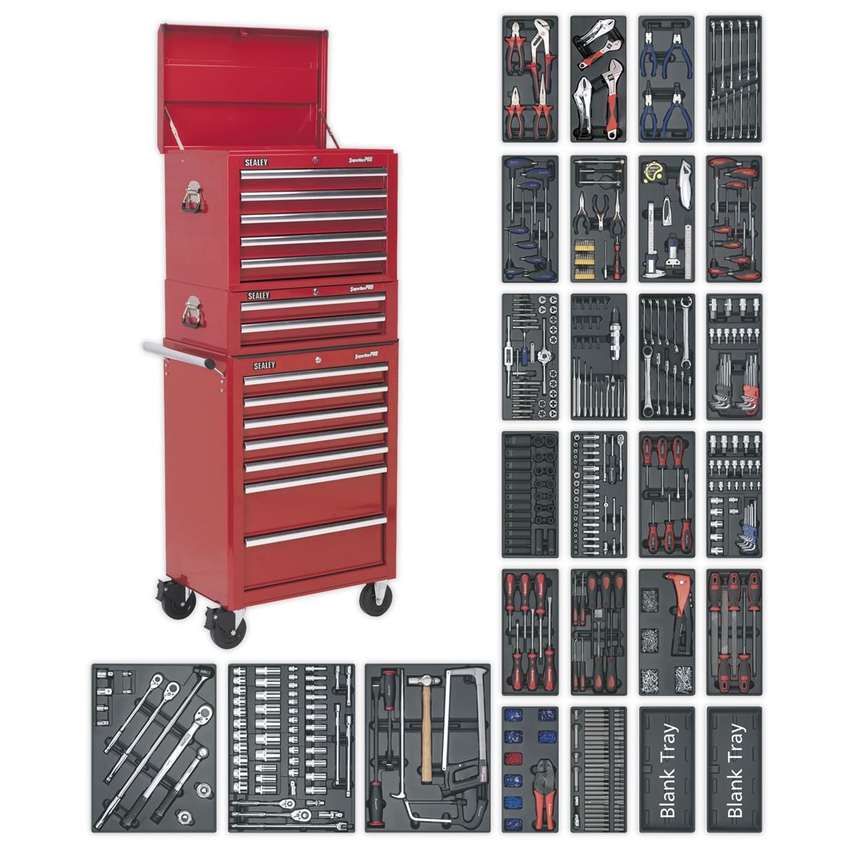 Sealey SPTCOMBO1 Tool Chest Combination 14 Drawer with Ball-Bearing Slides - Red & 1179pc Tool Kit Sealey
