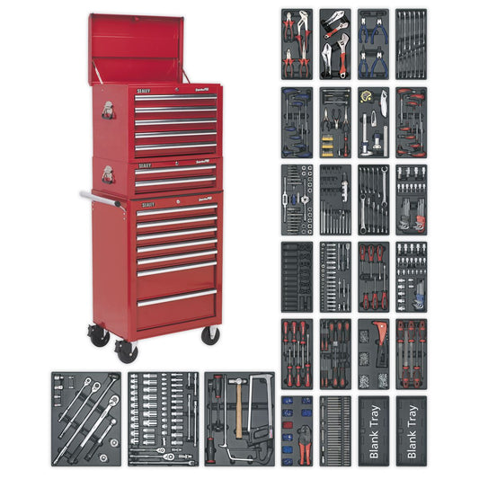 Sealey SPTCOMBO1 Tool Chest Combination 14 Drawer with Ball-Bearing Slides - Red & 1179pc Tool Kit Sealey
