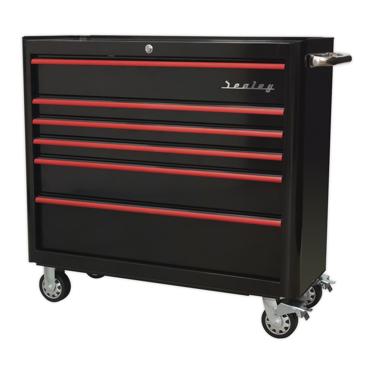 Sealey AP41206BR Rollcab 6 Drawer Wide Retro Style - Black with Red Anodised Drawer Pulls Sealey