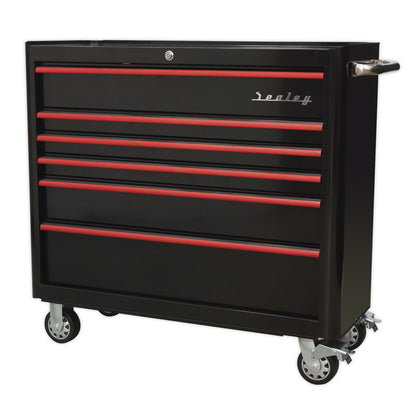 Sealey AP41206BR Rollcab 6 Drawer Wide Retro Style - Black with Red Anodised Drawer Pulls Sealey