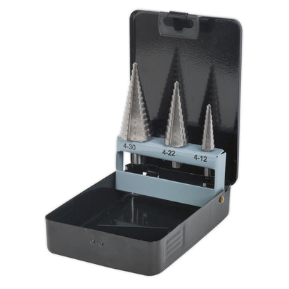 Sealey AK4746 HSS 4341 Step Drill Bit Set 3pc Double Flute Sealey