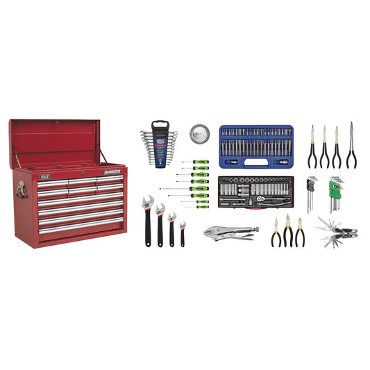 Sealey AP33109COMBO Topchest 10 Drawer with Ball-Bearing Slides - Red & 140pc Tool Kit Sealey