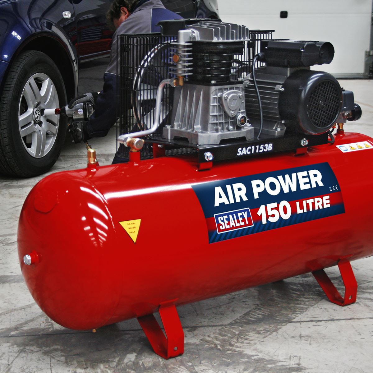 Sealey SAC1153B Air Compressor 150L Belt Drive 3hp with Cast Cylinders Sealey