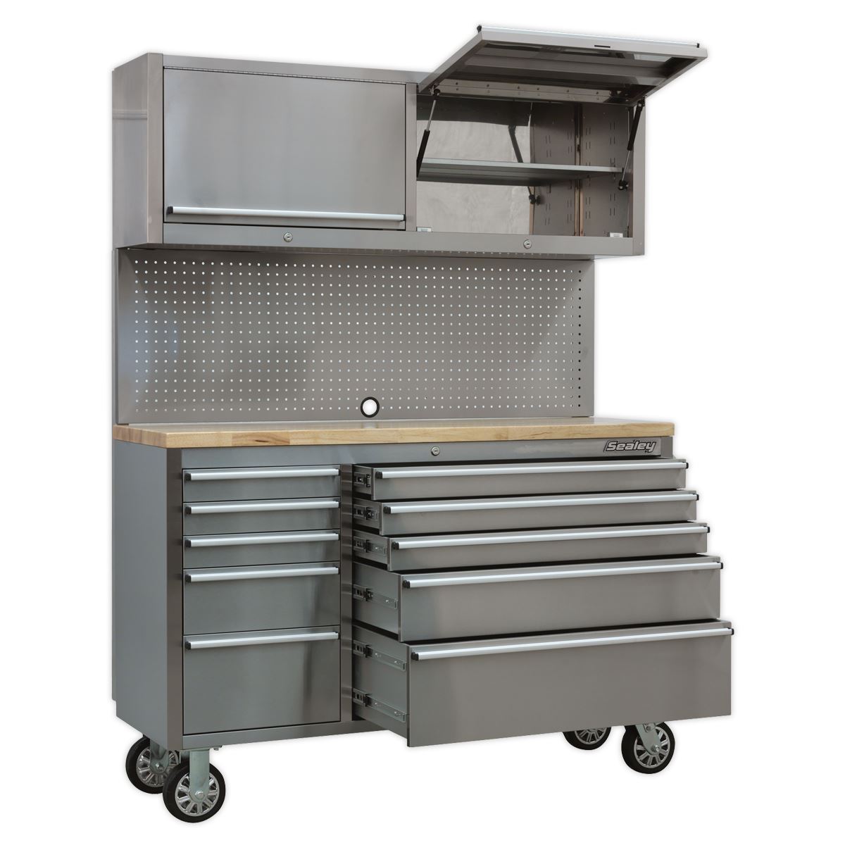 Sealey AP5520SS Mobile Stainless Steel Tool Cabinet 10 Drawer with Backboard & 2 Wall Cupboards Sealey