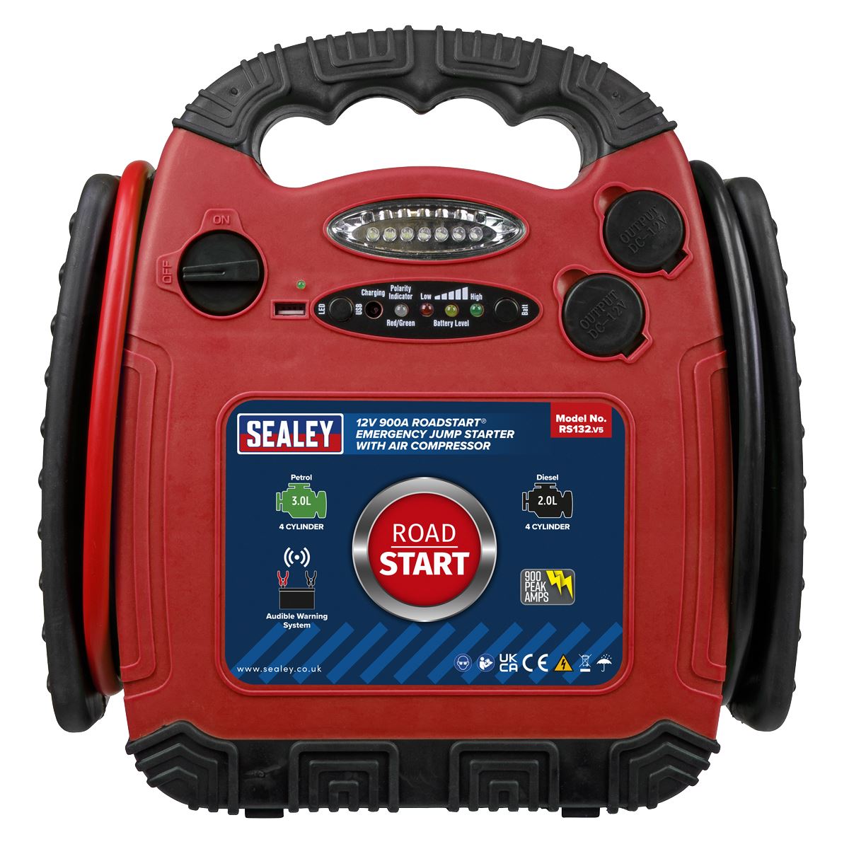 Sealey RS132 RoadStart® Emergency Jump Starter with Air Compressor 12V 900 Peak Amps Sealey