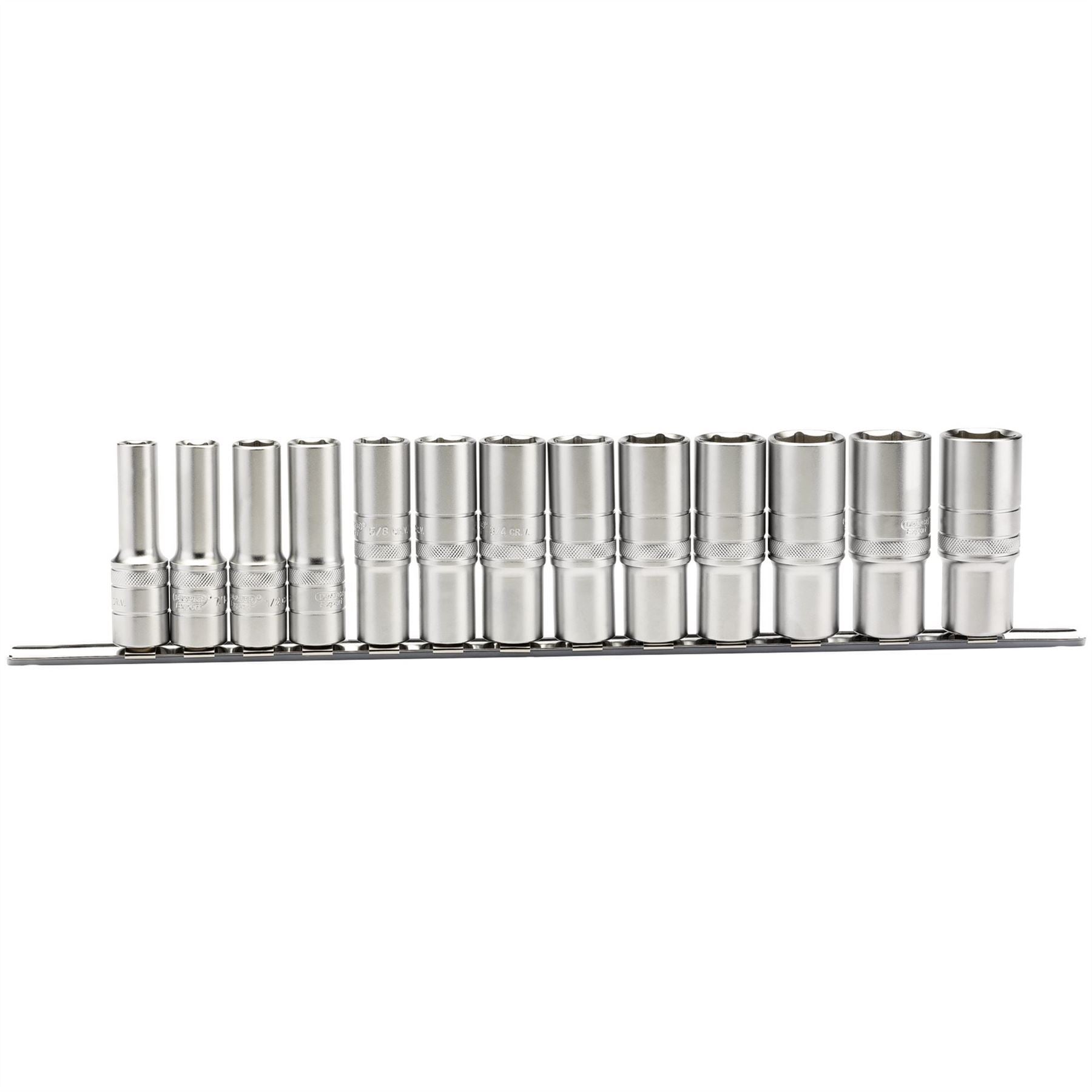 Draper 16500 Imperial Deep Socket on a Metal Rail 1/2" Sq. Dr. 13 Piece Draper