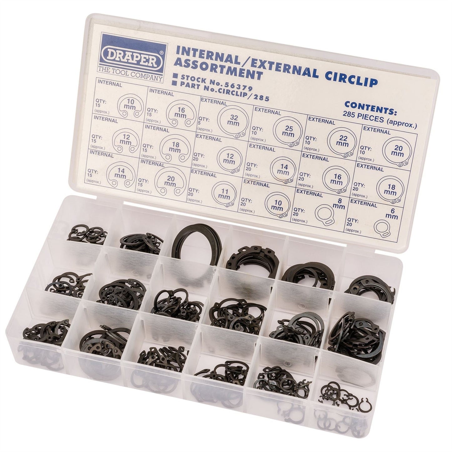 Draper 56379 Internal and External Circlip Assortment 285 Piece Draper
