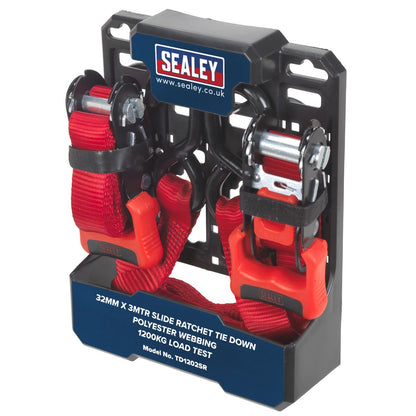 Sealey TD1202SR Slide Ratchet Strap 32mm x 3m Polyester Webbing with S-Hooks 1200kg Breaking Strength Sealey