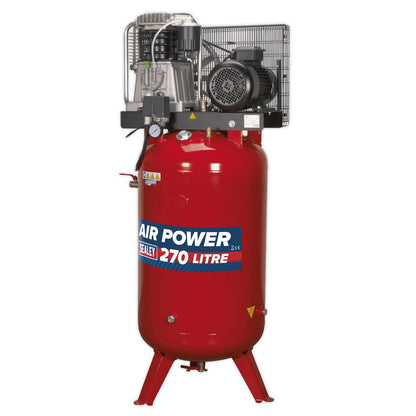 Sealey SACV52775B Air Compressor 270L Vertical Belt Drive 7.5hp 3ph 2-Stage with Cast Cylinders Sealey