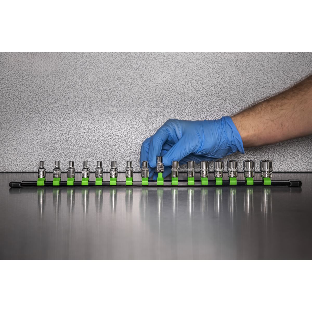 Sealey AK27052HV Socket Retaining Rail with 16 Clips 1/4"Sq Drive - Hi-Vis Green Sealey