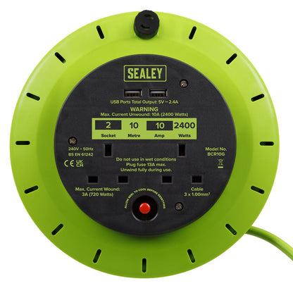 Sealey BCR10G Cassette Type Cable Reel Green with Thermal Trip 2 x 230V and 2 x USB 10m Sealey