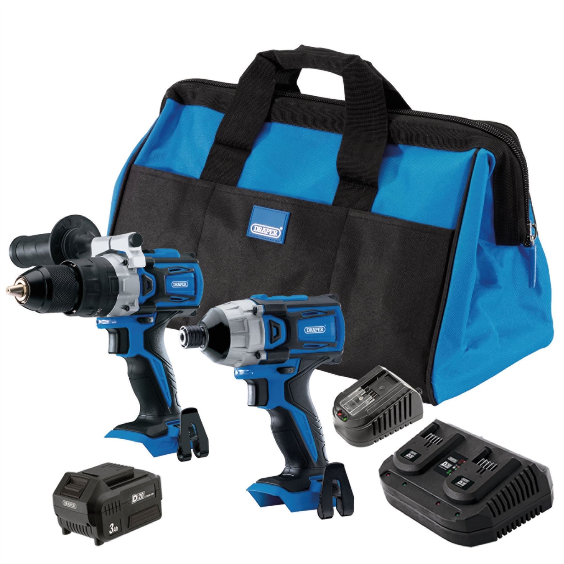 Draper 70367 D20 20V Combi/Driver Kit 1 x 4.0Ah Battery 1 x 3.0Ah Battery 1 x Charger Draper