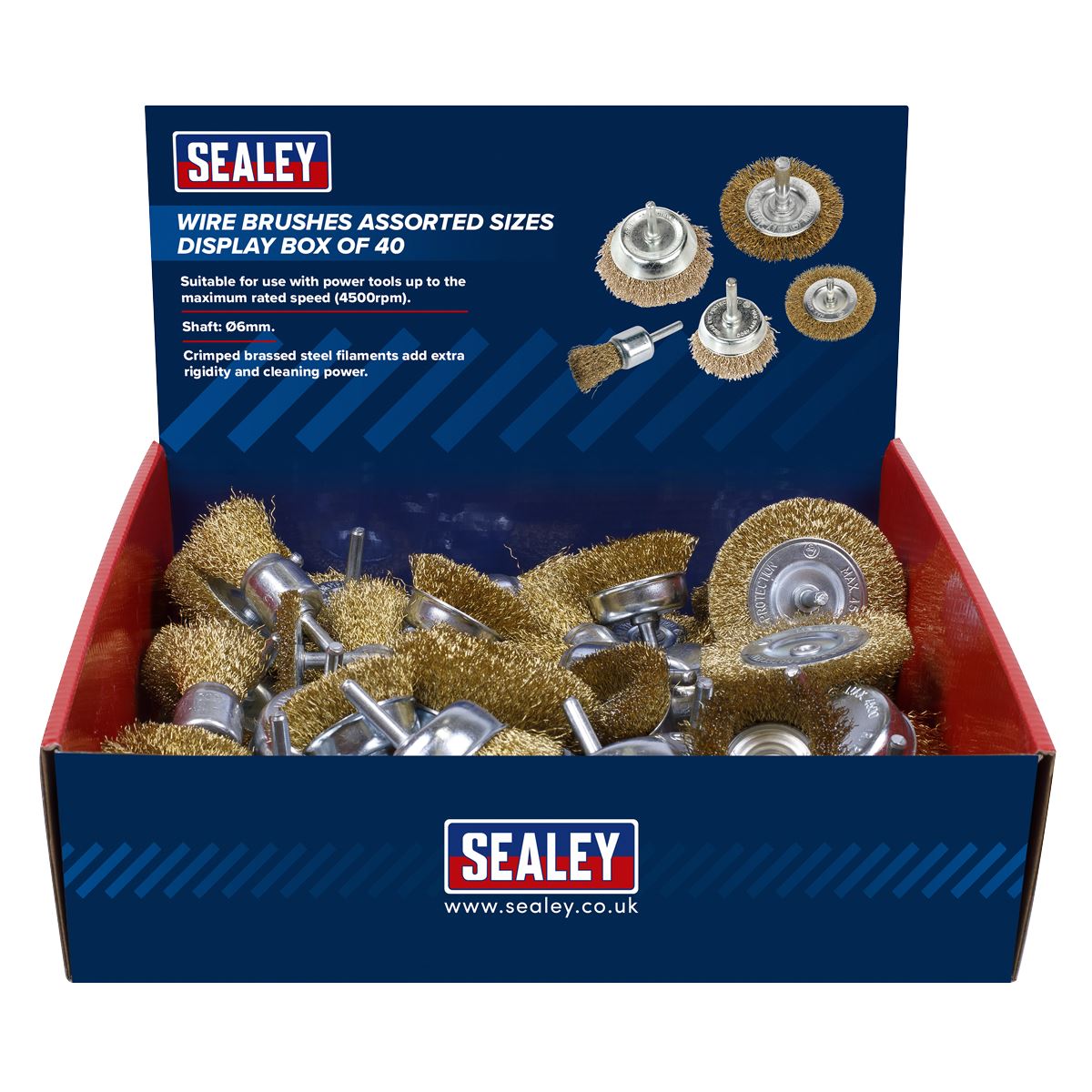 Sealey BWBS40DB Crimped Wire Brushes - Assorted Sizes - Display Box of 40 Sealey