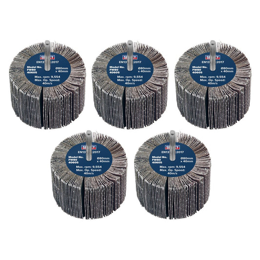 Sealey FW8040605 Abrasive Flap Wheel Ø80 x 40mm 60Grit Ø6mm Shaft - Pack of 5 Sealey