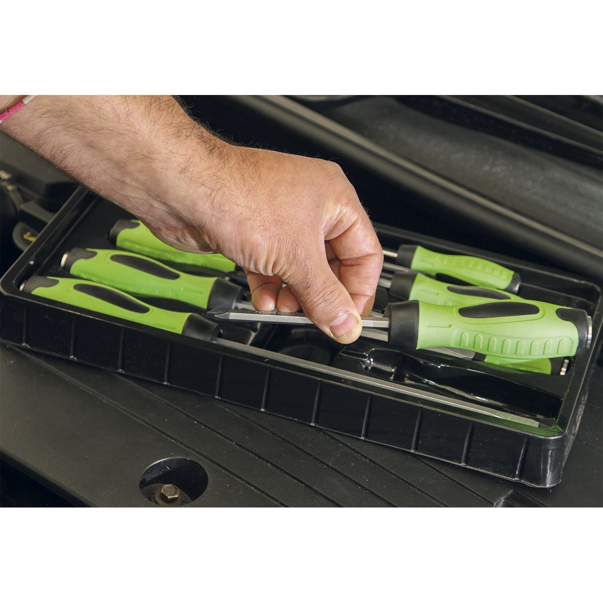 Sealey HV002 Screwdriver Set 8pc Hammer-Thru Hi-Vis Green Sealey