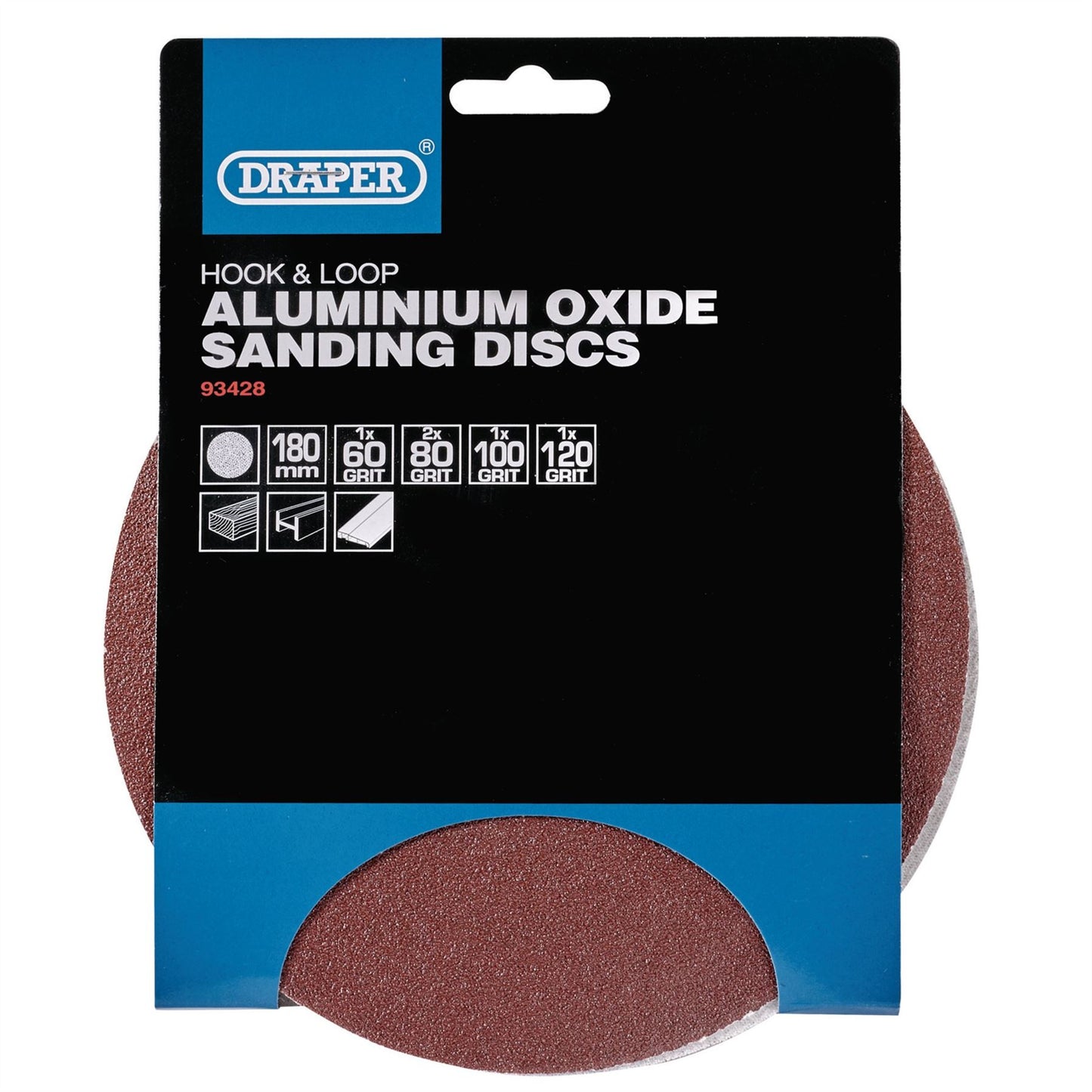 Draper 93428 Hook and Loop Aluminium Oxide Sanding Discs 180mm Assorted Grit Pack of 5 Draper