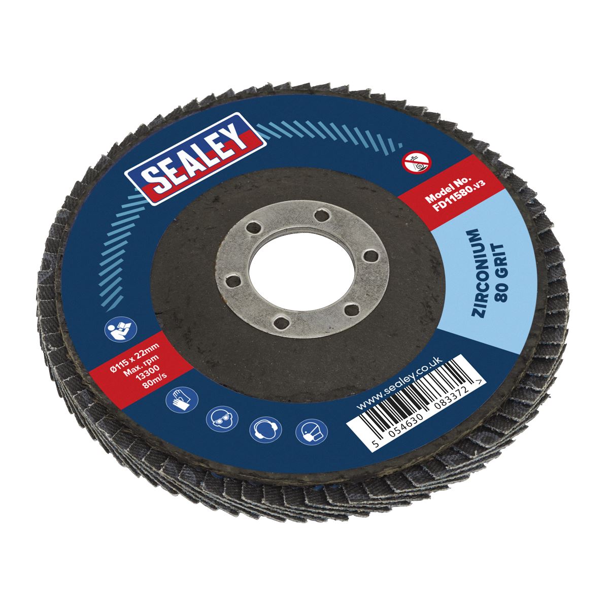 Sealey FD1158010 80Grit Flap Discs Zirconium Ø115mm Ø22mm Bore - Pack of 10 Sealey