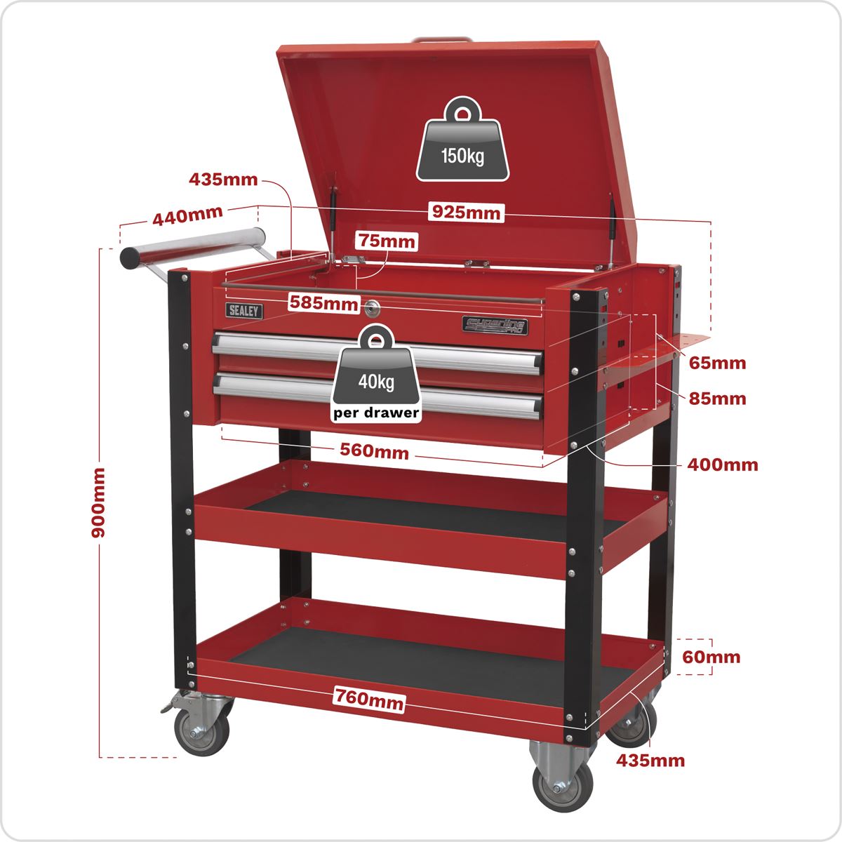Sealey AP760M Heavy-Duty Mobile Tool & Parts Trolley 2 Drawers & Lockable Top - Red Sealey