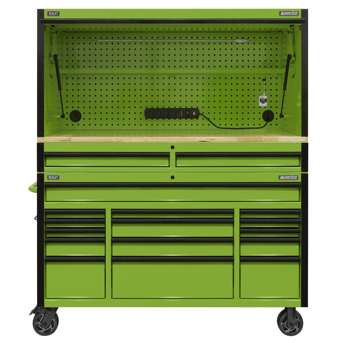 Sealey AP6115BECOMBO1 15 Drawer 1549mm Mobile Trolley with Wooden Worktop and Hutch and 2 Drawer Riser Sealey