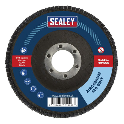 Sealey FD11512010 120Grit Flap Discs Zirconium Ø115mm Ø22mm Bore - Pack of 10 Sealey