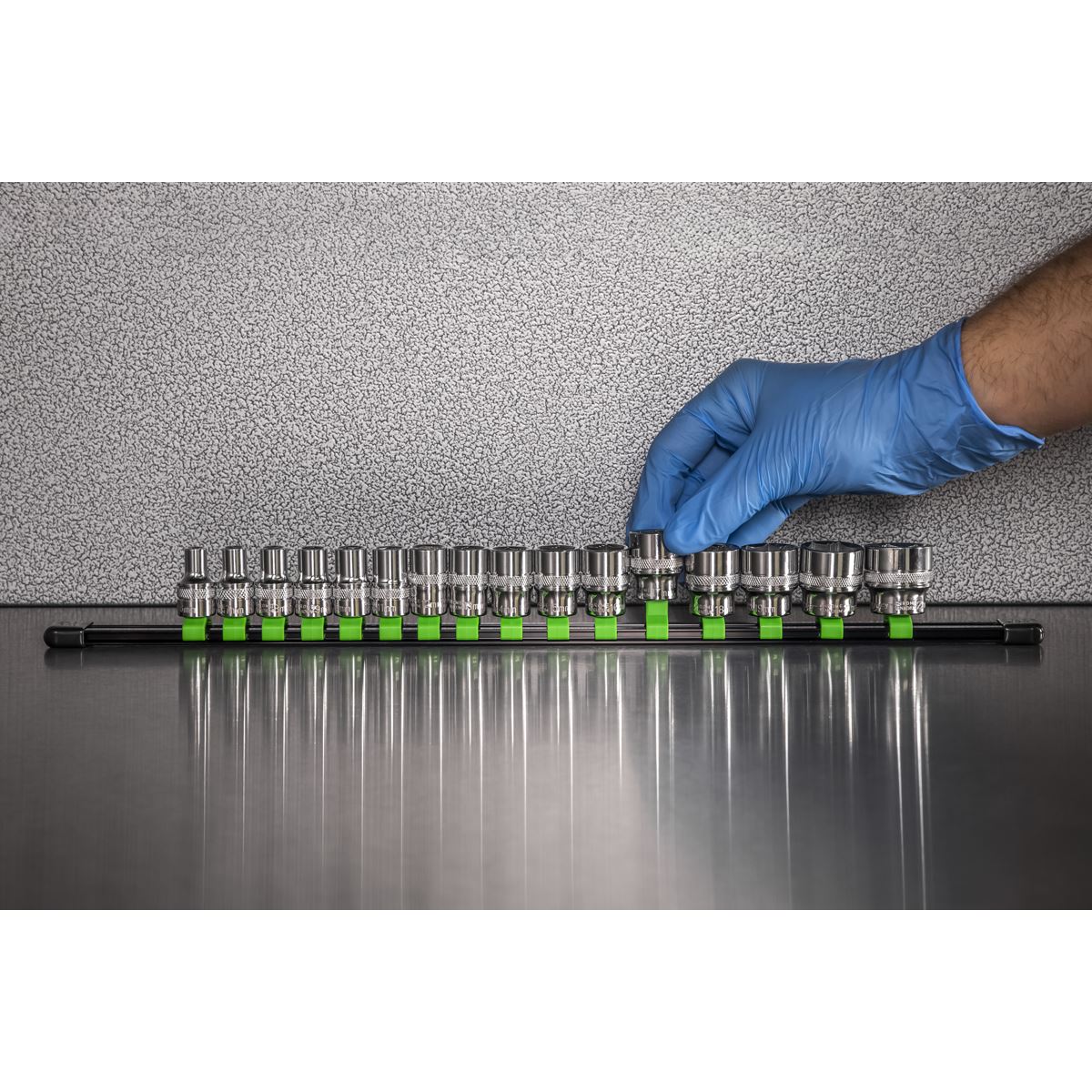 Sealey AK27053HV Socket Retaining Rail with 16 Clips 3/8"Sq Drive - Hi-Vis Green Sealey