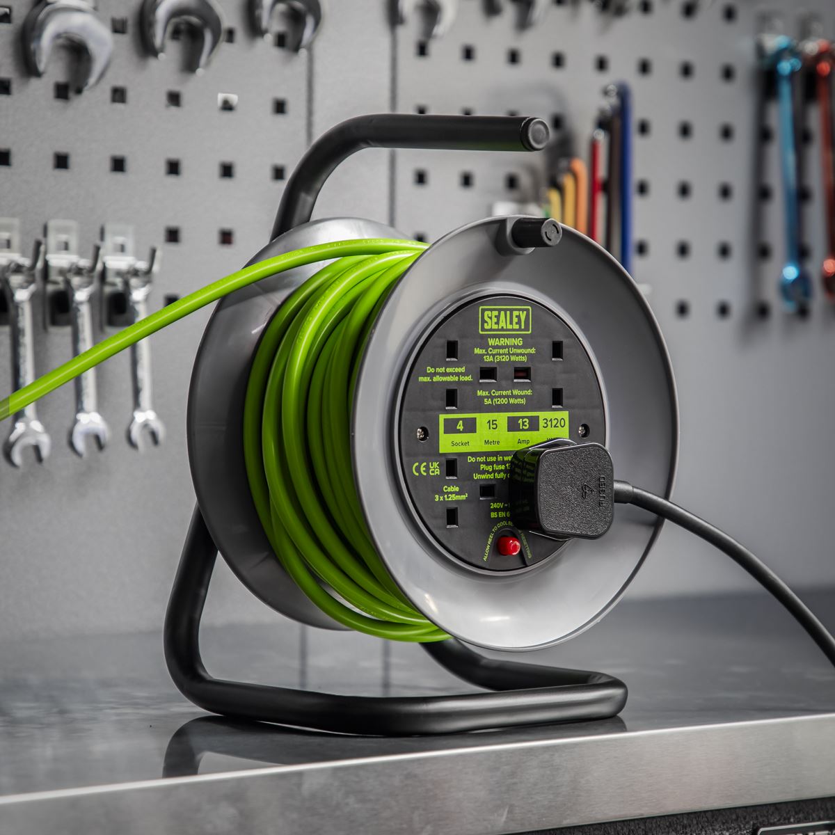 Sealey BCR153TG Cable Reel with Thermal Trip 4 x 230V 15m - Green Sealey