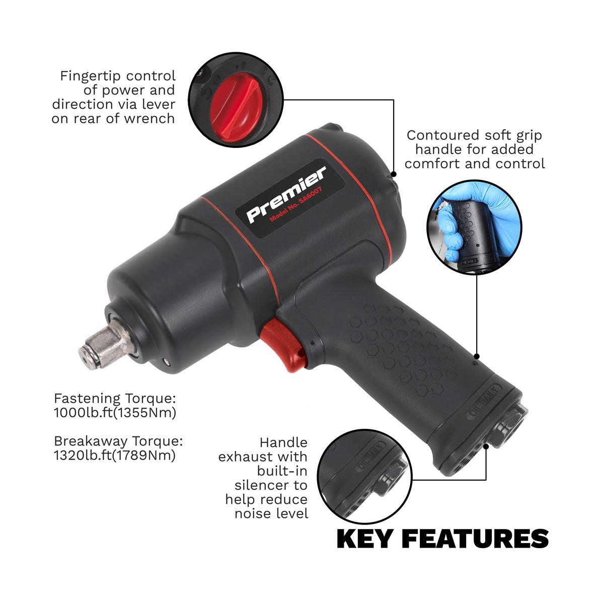 Sealey SA6007 Air Impact Wrench 1/2"Sq Drive - Twin Hammer Sealey