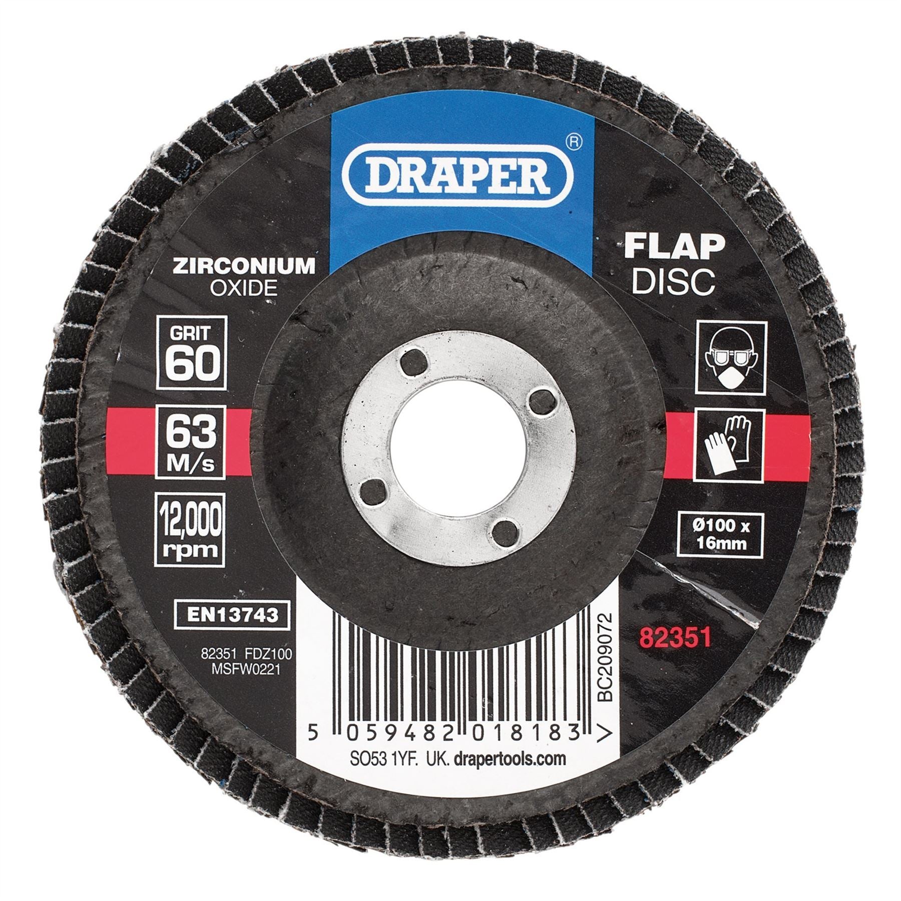 Draper 82351 Zirconium Oxide Flap Disc 100 x 16mm 60 Grit Draper