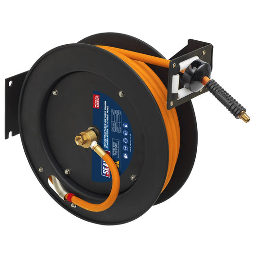 Sealey SA841HY Retractable Metal Reel 15m Ø10mm ID High-Visibility Hybrid Air Hose Sealey