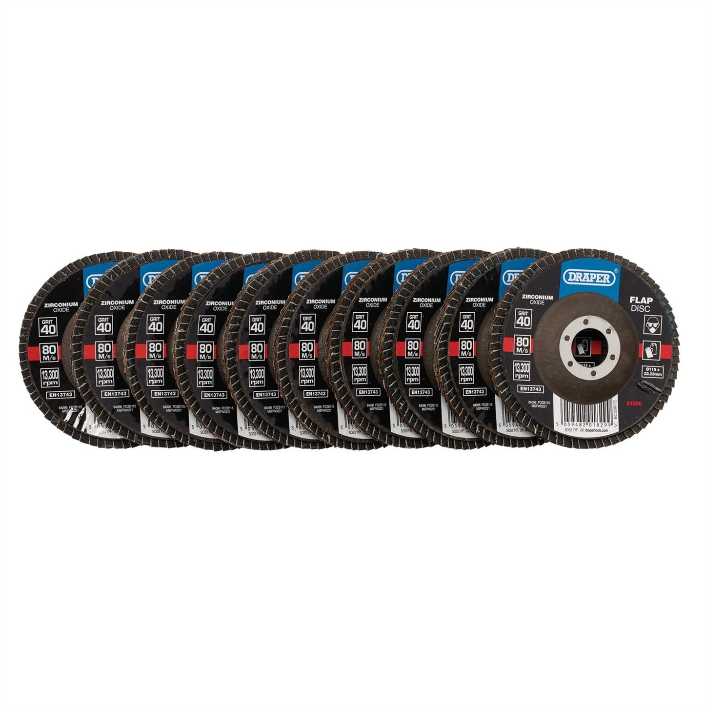Draper 84096 Zirconium Oxide Flap Discs 115 x 22.23mm 40 Grit Pack of 10 Draper