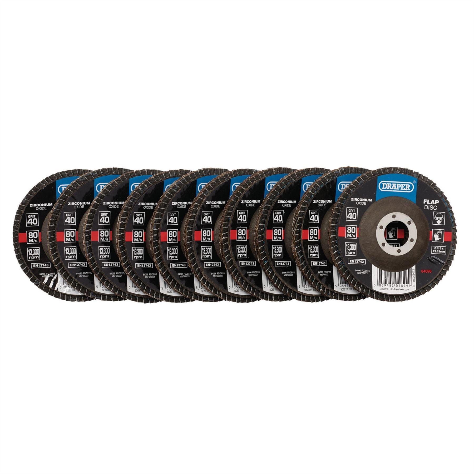 Draper 84096 Zirconium Oxide Flap Discs 115 x 22.23mm 40 Grit Pack of 10 Draper