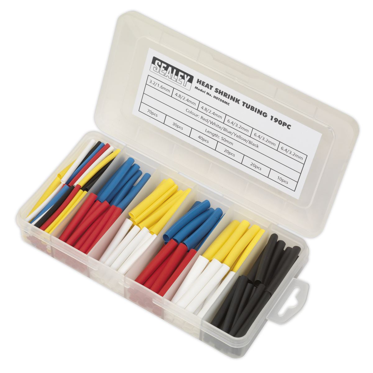 Sealey HST50MC Heat Shrink Tubing Assortment 190pc 50mm Mixed Colours Sealey
