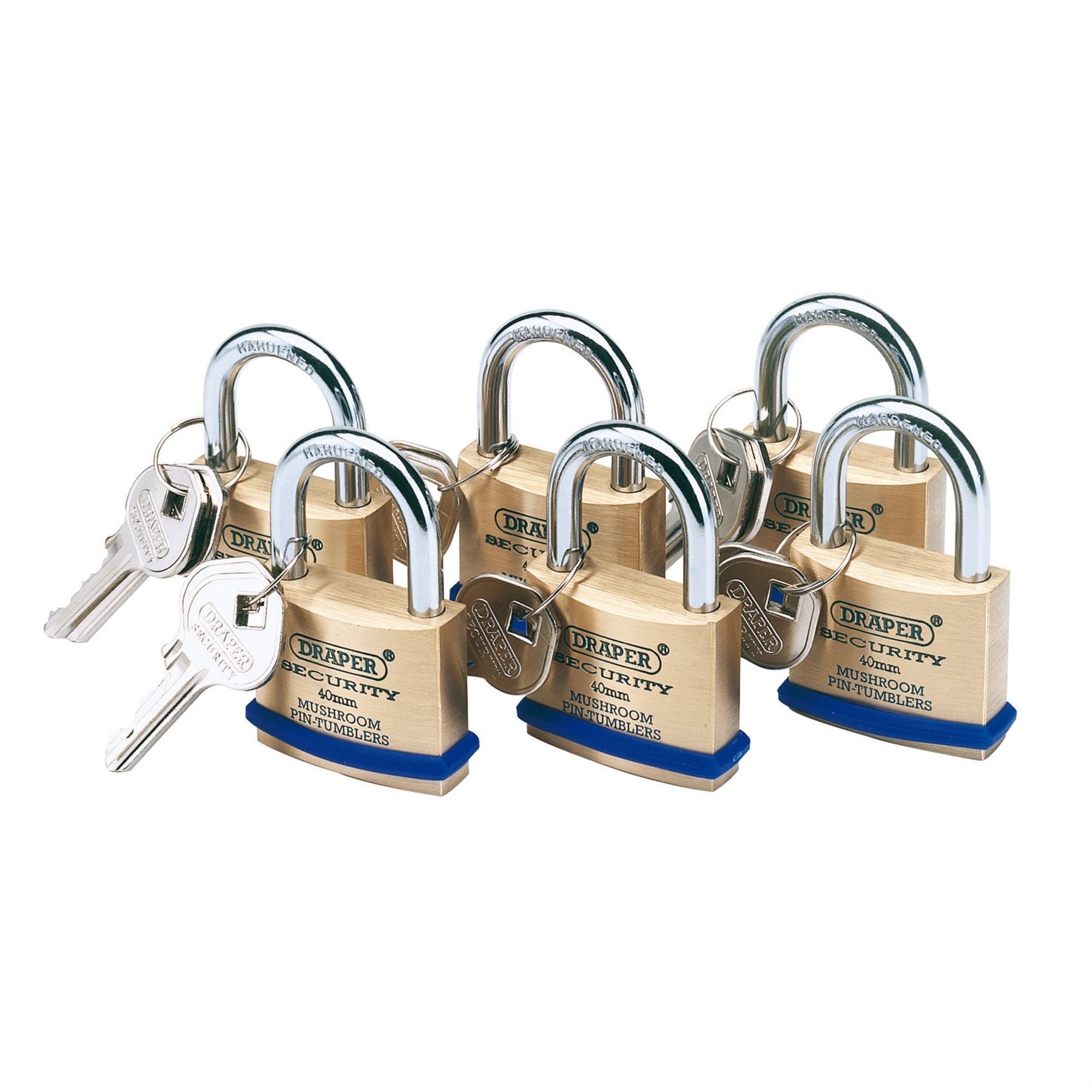 Draper 67659 Solid Brass Padlocks with Hardened Steel Shackle 40mm Pack of 6 Draper