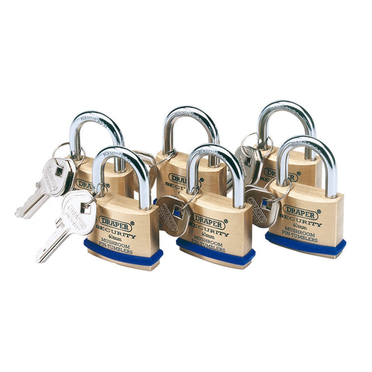 Draper 67659 Solid Brass Padlocks with Hardened Steel Shackle 40mm Pack of 6 Draper