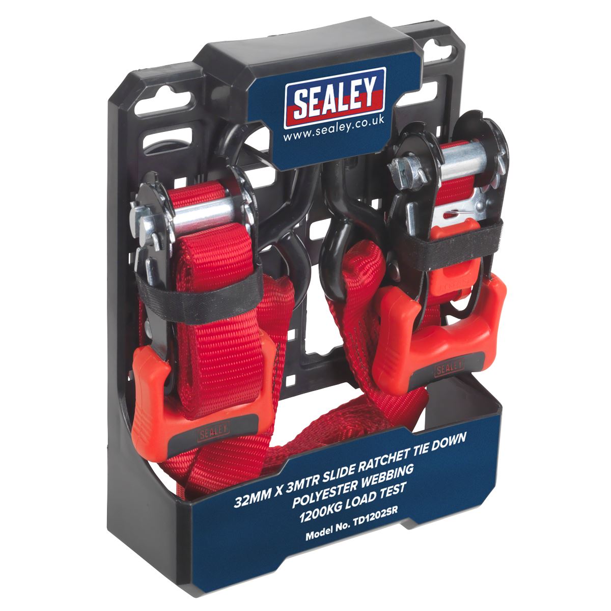 Sealey TD1202SR Slide Ratchet Strap 32mm x 3m Polyester Webbing with S-Hooks 1200kg Breaking Strength Sealey