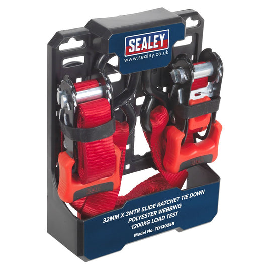 Sealey TD1202SR Slide Ratchet Strap 32mm x 3m Polyester Webbing with S-Hooks 1200kg Breaking Strength Sealey