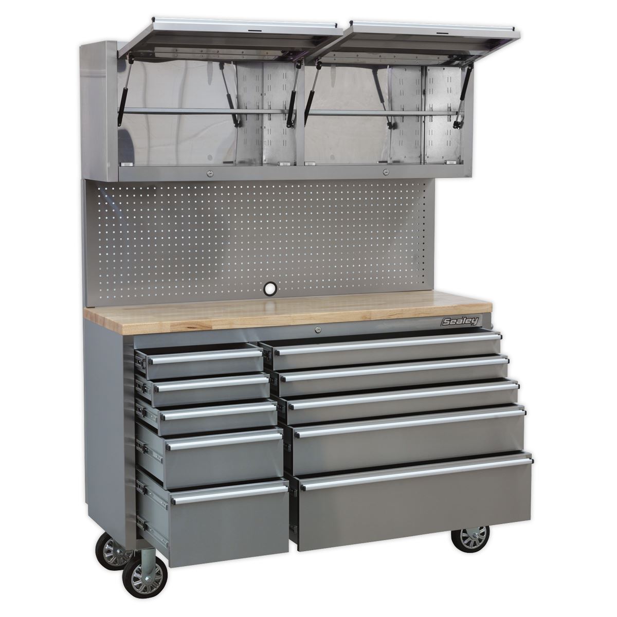 Sealey AP5520SS Mobile Stainless Steel Tool Cabinet 10 Drawer with Backboard & 2 Wall Cupboards Sealey