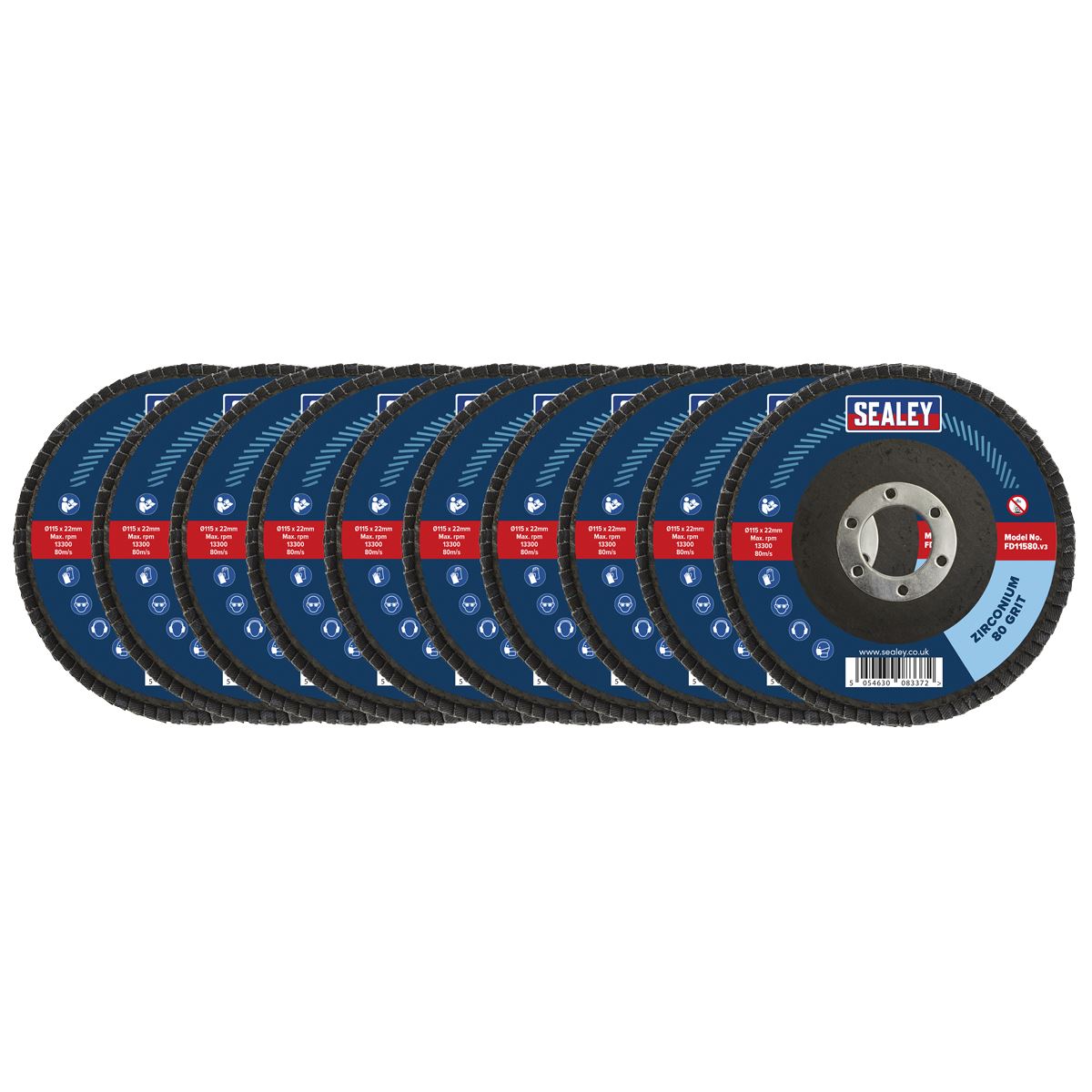 Sealey FD1158010 80Grit Flap Discs Zirconium Ø115mm Ø22mm Bore - Pack of 10 Sealey