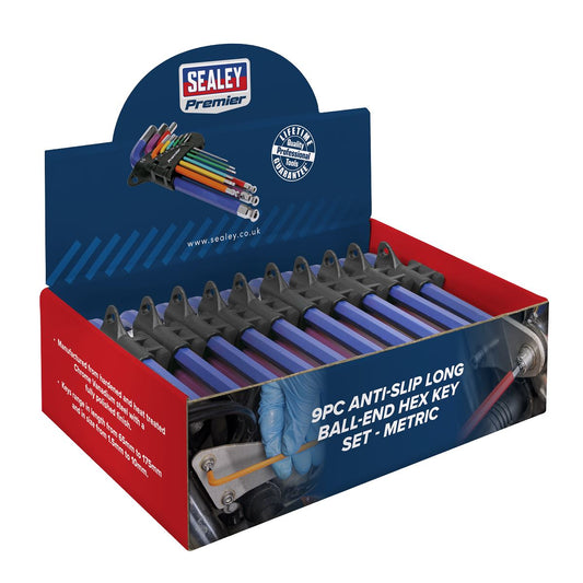Sealey AK7190DB Ball-End Hex Key Set 9pc Colour-Coded Long Metric - Display Box of 10 Sealey