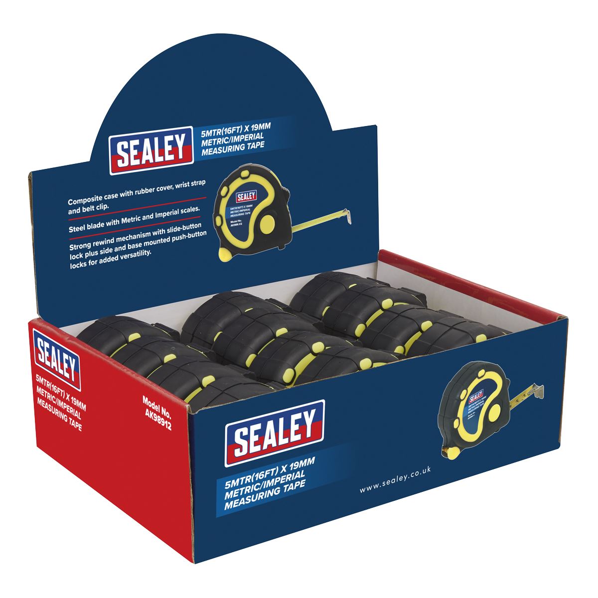 Sealey AK98912 Rubber Tape Measure 5m(16ft) x 19mm Metric/Imperial Display Box of 12 Sealey