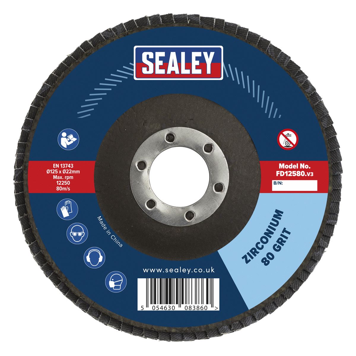 Sealey FD12580 Flap Disc Zirconium Ø125mm Ø22mm Bore 80Grit Sealey