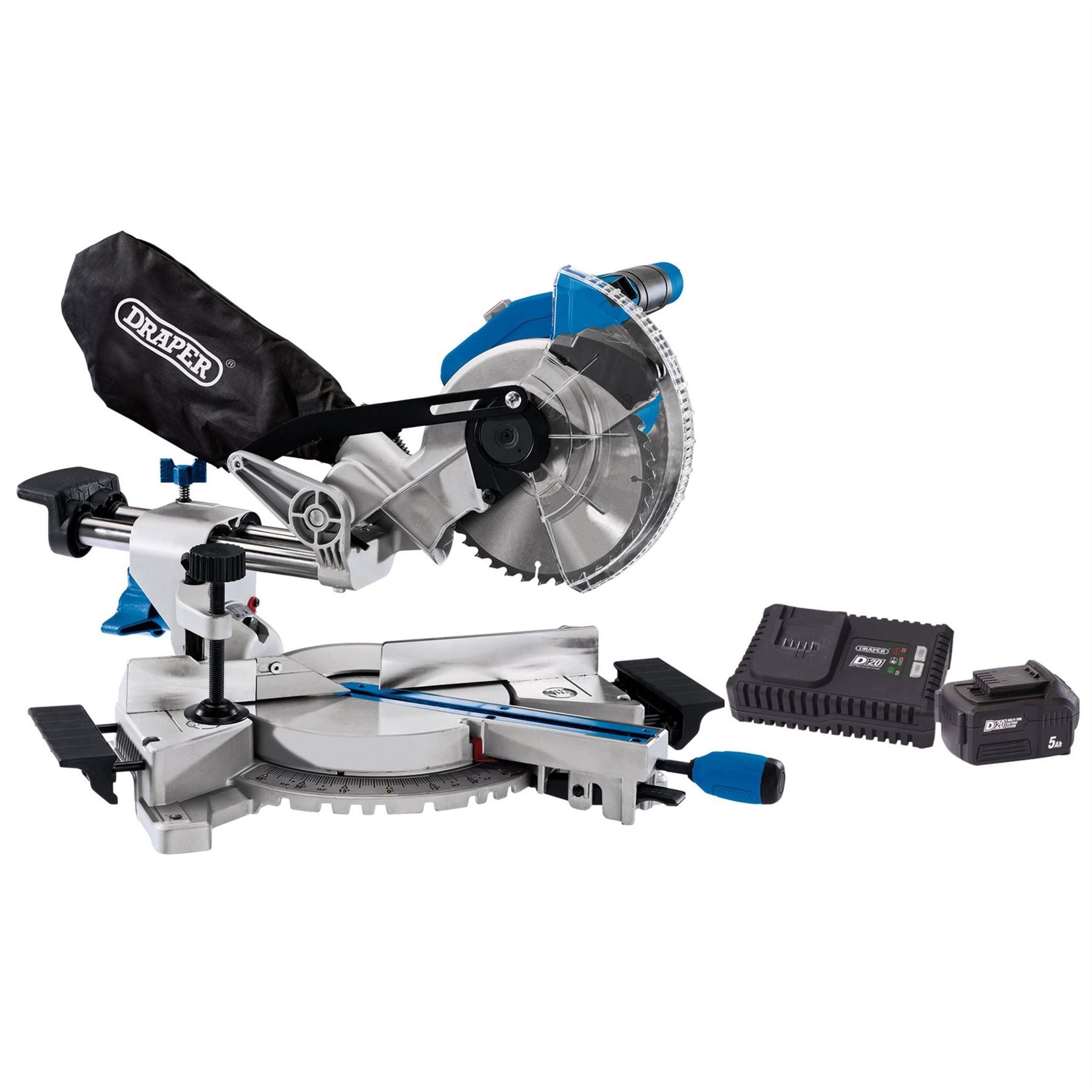 Draper 99970 D20 20V Brushless Sliding Compound Mitre Saw 185mm 1 x 5.0Ah Battery 1 x Fast Charger Draper