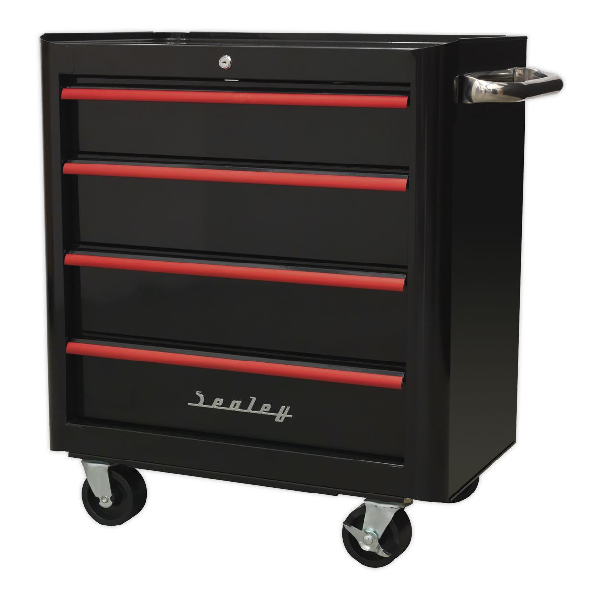 Sealey AP28204BR Rollcab 4 Drawer Retro Style- Black with Red Anodised Drawer Pulls Sealey