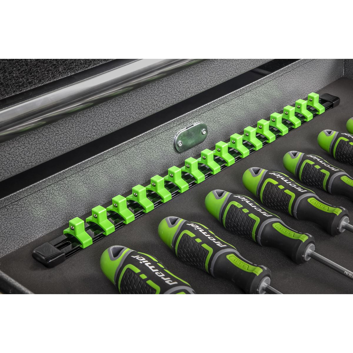 Sealey AK27053HV Socket Retaining Rail with 16 Clips 3/8"Sq Drive - Hi-Vis Green Sealey