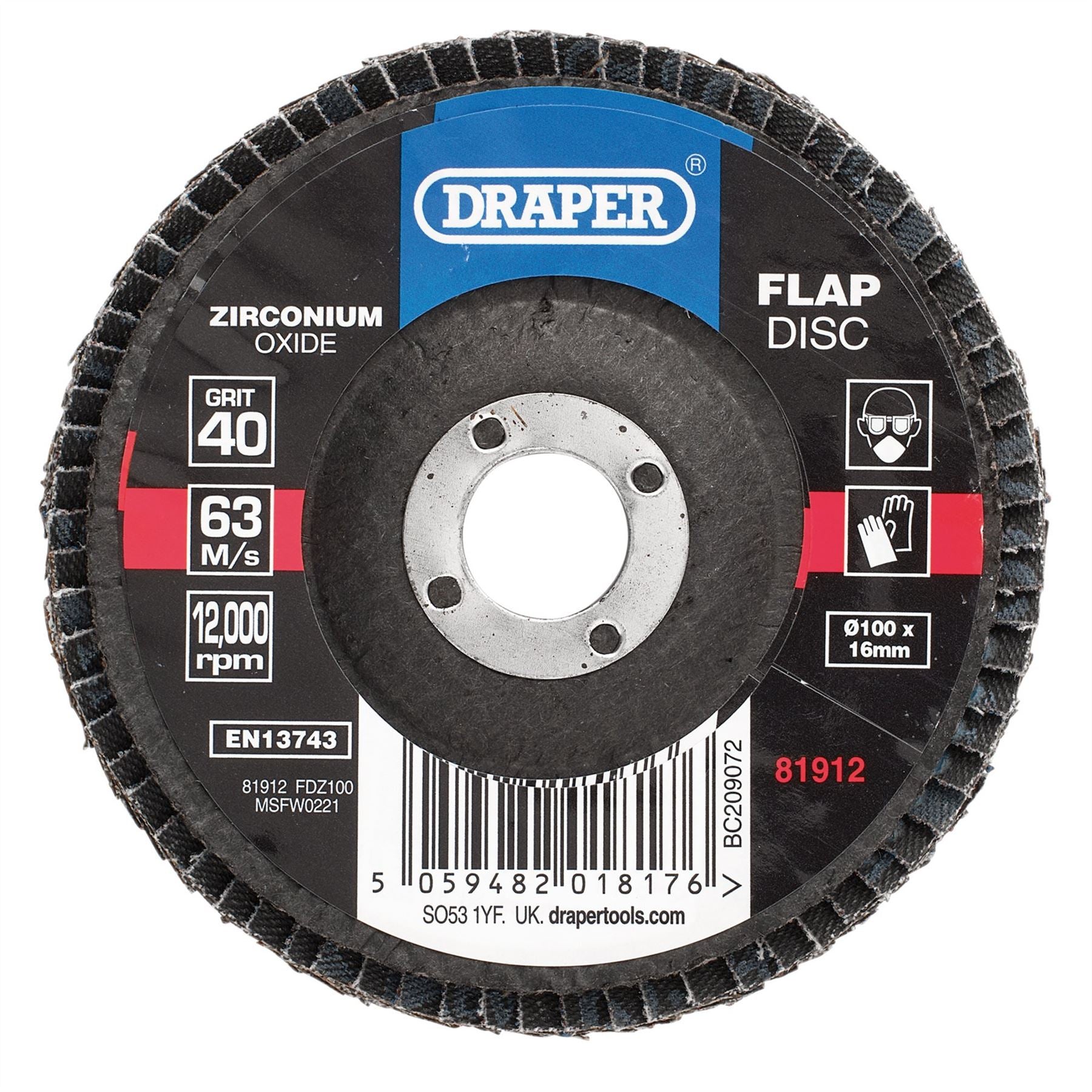 Draper 81912 Zirconium Oxide Flap Disc 100 x 16mm 40 Grit Draper