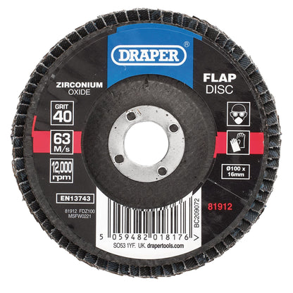 Draper 81912 Zirconium Oxide Flap Disc 100 x 16mm 40 Grit Draper