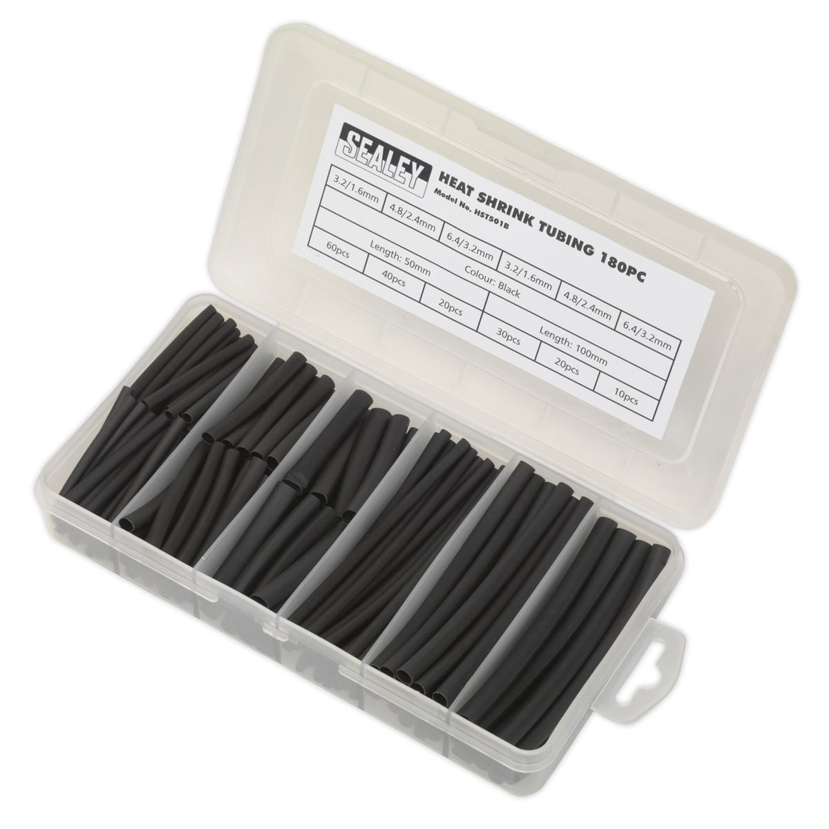 Sealey HST501B Heat Shrink Tubing Assortment 180pc 50 & 100mm Black Sealey