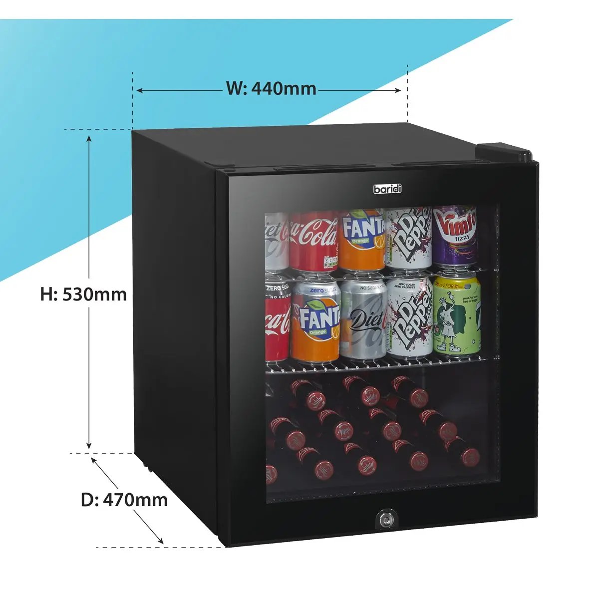Baridi DH12 50L Tabletop Beer & Drinks Mini Fridge with Light 3-10°C - Black & Glass Baridi