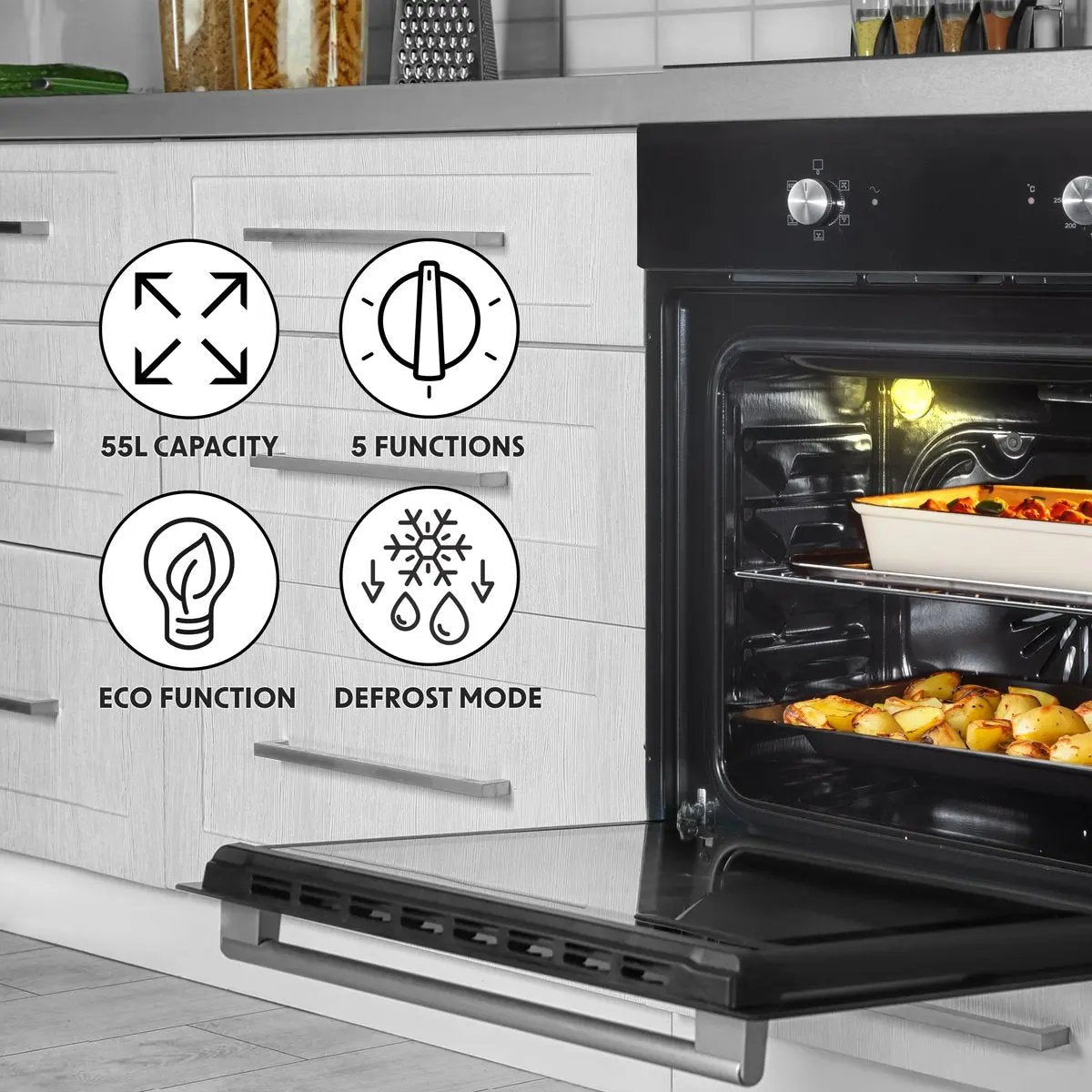 Baridi DH124 60cm Built-In Five Function Fan Assisted Oven 55L Capacity Black Baridi